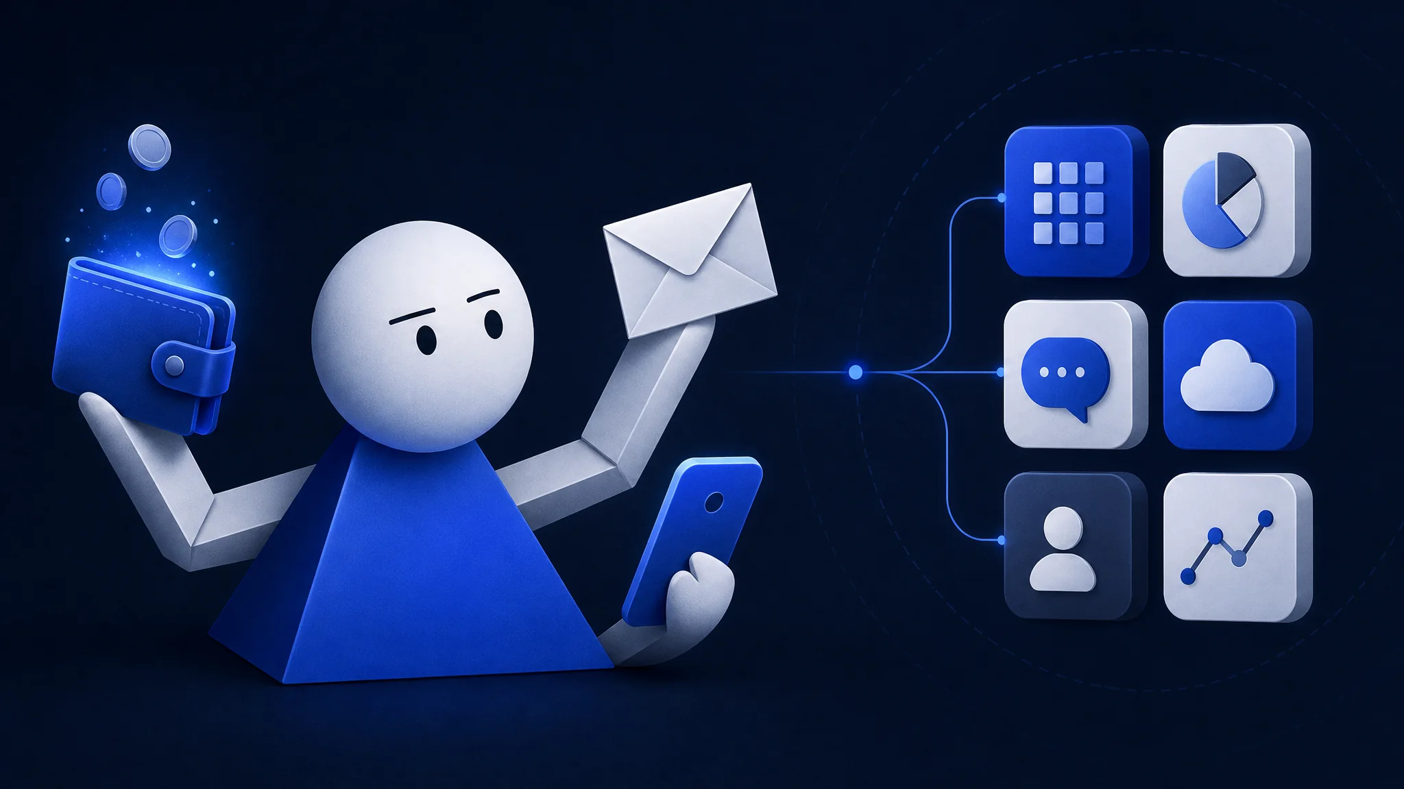 Illustration of an AI agent with its own wallet, for the Manus Cue news story