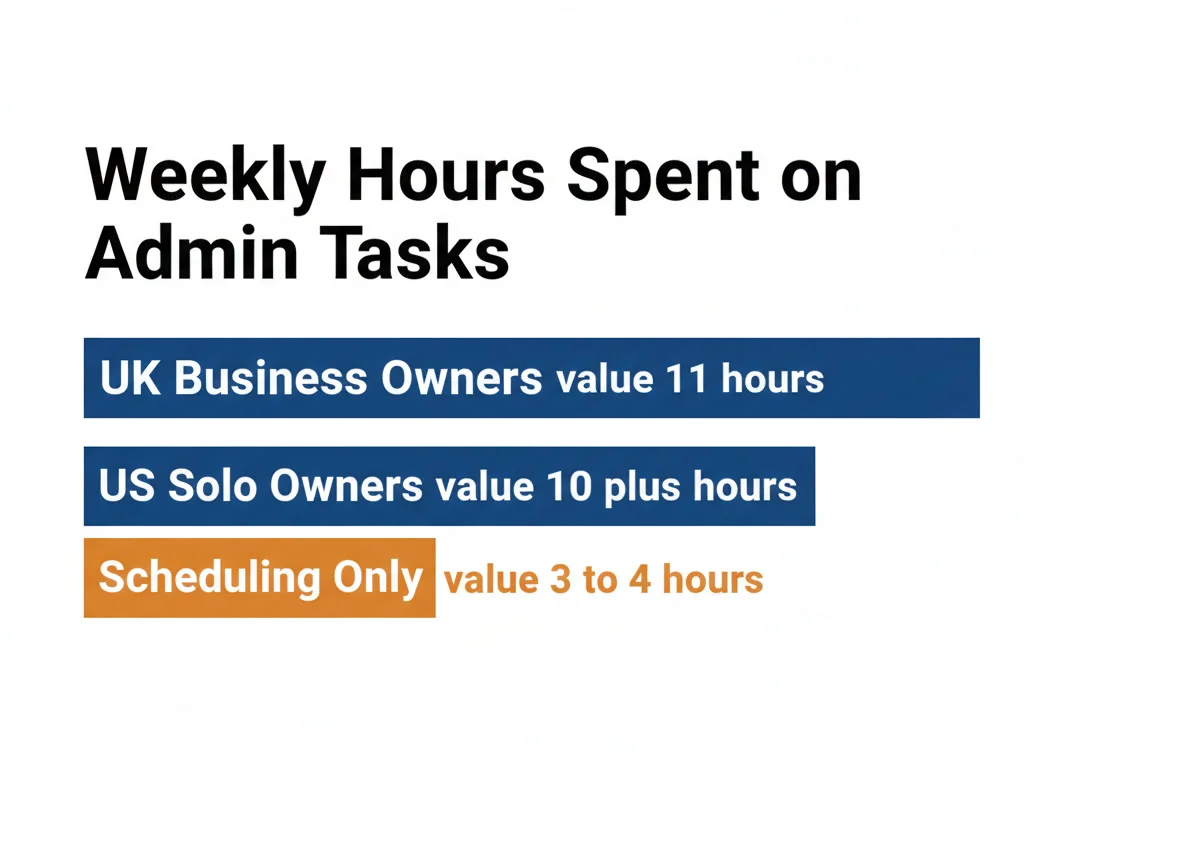 Weekly hours spent on admin tasks: UK business owners 11 hours, US solo owners 10+ hours, scheduling alone 3-4 hours