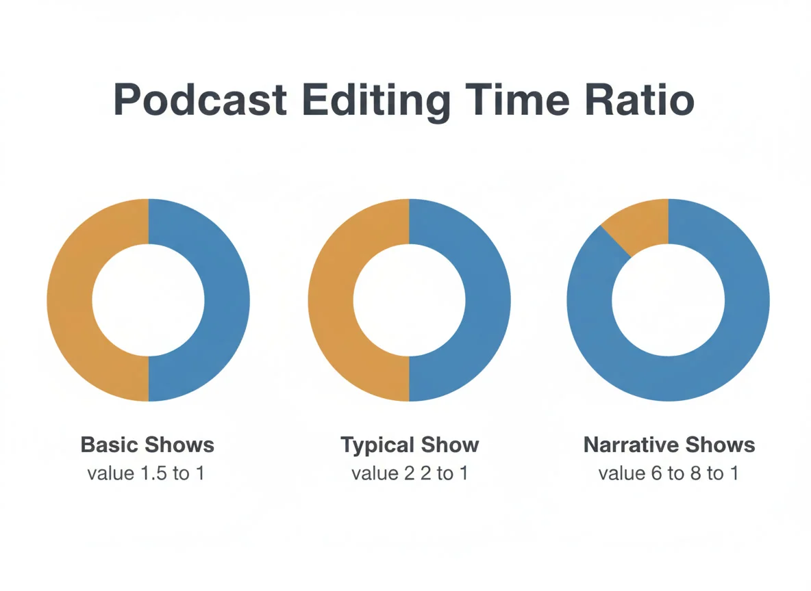 Podcast editing time ratio by format: basic shows 1.5 to 1, typical shows 2 to 1, narrative shows 6 to 8 to 1