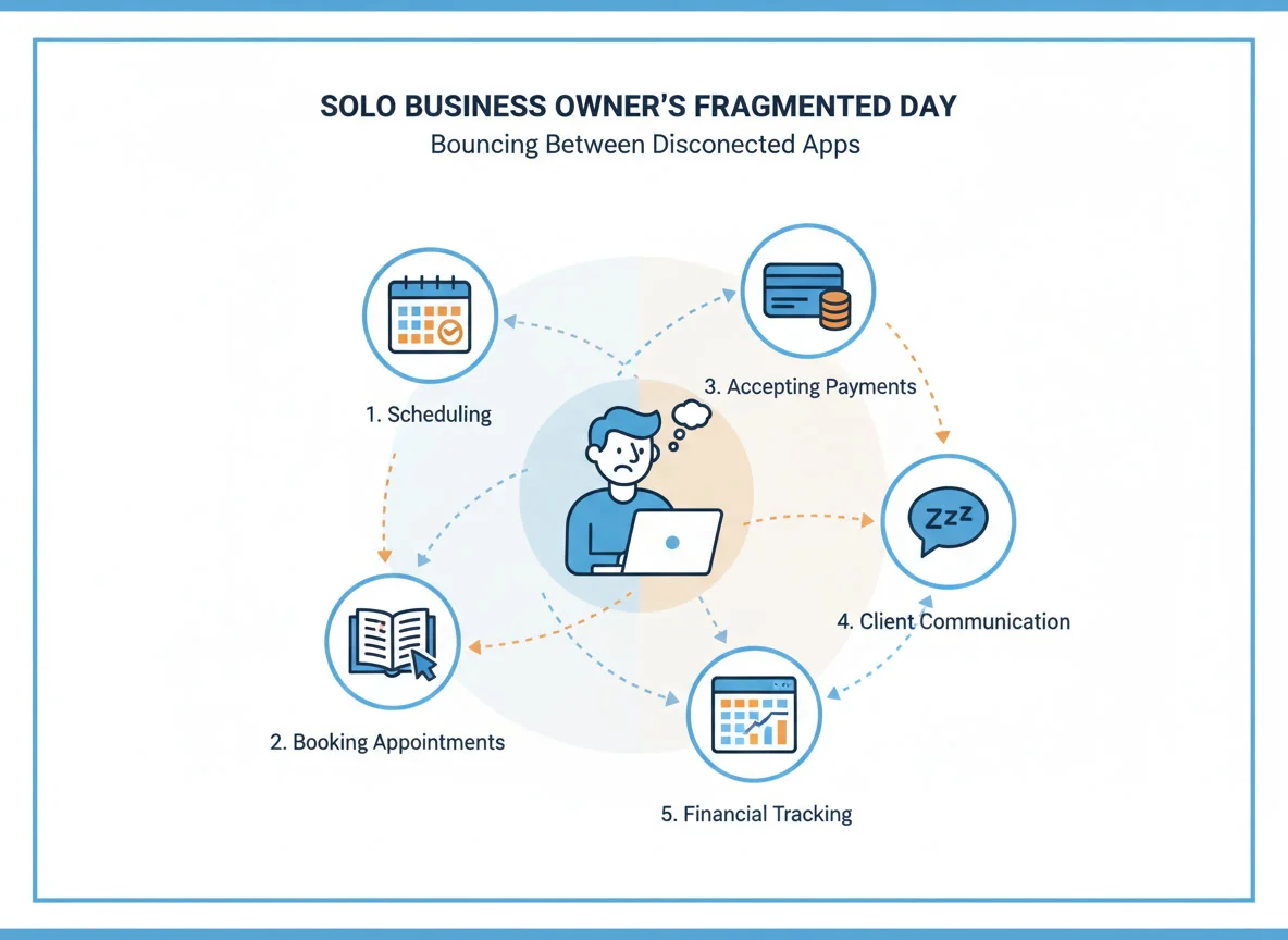 A solo business owner's day bouncing between disconnected scheduling, booking, payment, communication, and financial-tracking apps
