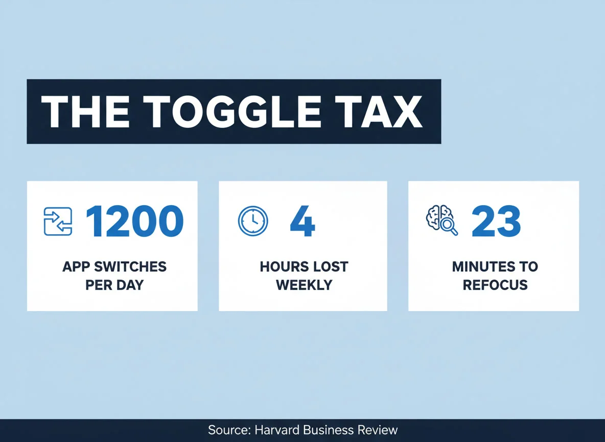 The Toggle Tax infographic: 1,200 app switches per day, 4 hours lost per week, 23 minutes to refocus